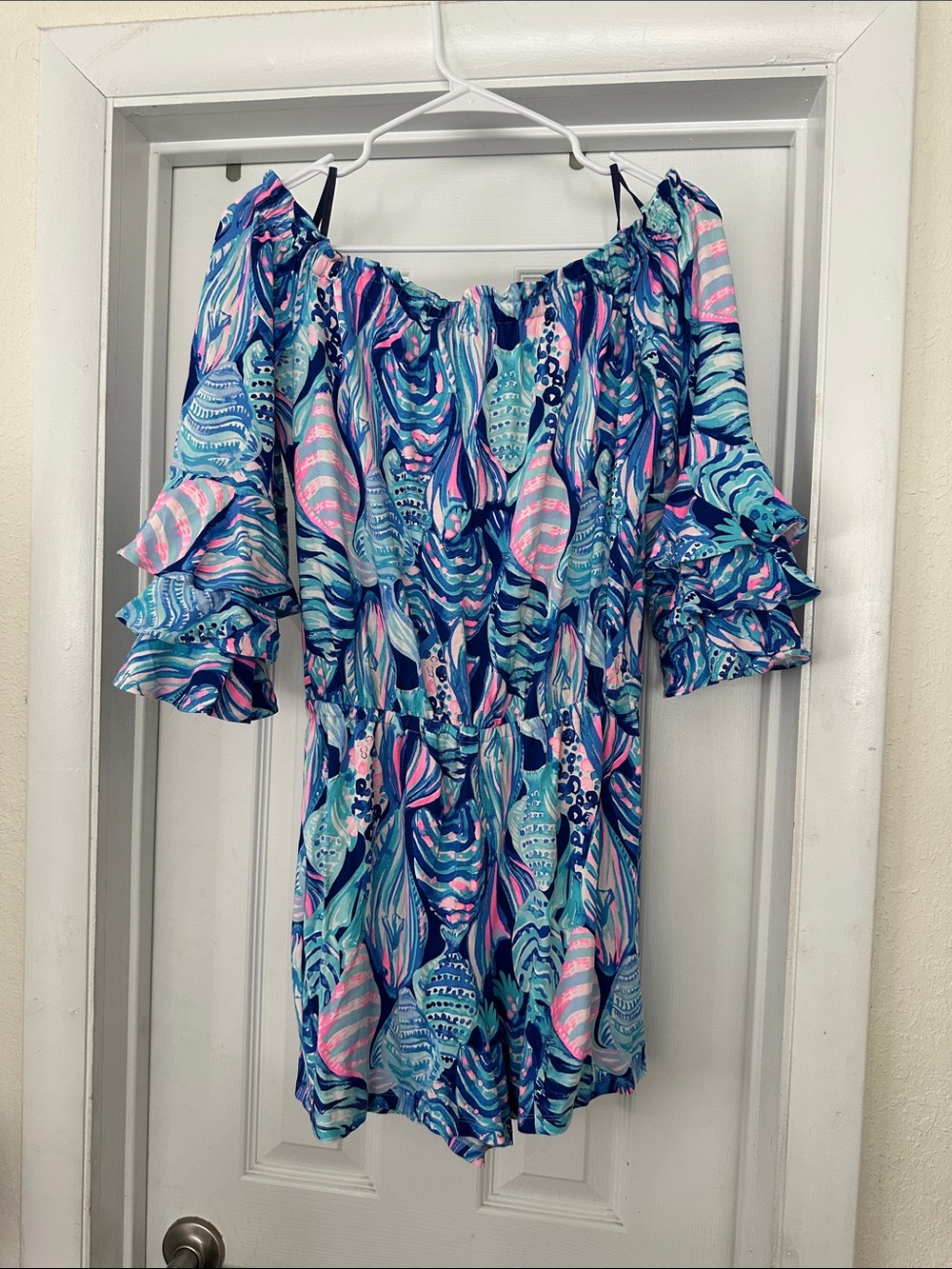 Lilly Pulitzer Blue & Pink Off-Shoulder Shell-Print One-Piece Romper